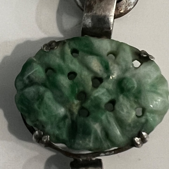 Antique Art Deco Bracelet Carved Green White Jadeite Sterling Chinese Export - Picture 4 of 13